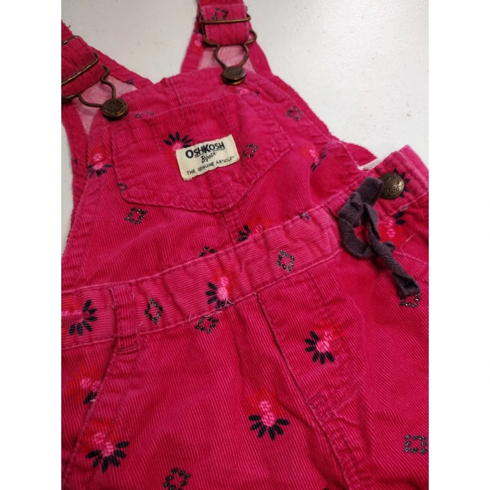OshKosh Bgosh‎ Baby Girls Pink Corduroy Floral Print Overalls 6M Snap Inseam